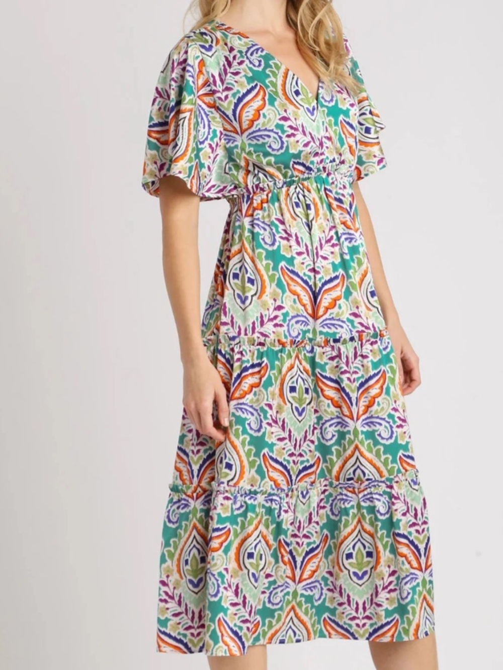 NEW Umgee Teal Multicolor Print Midi Dress SZ Med - Picture 3 of 4